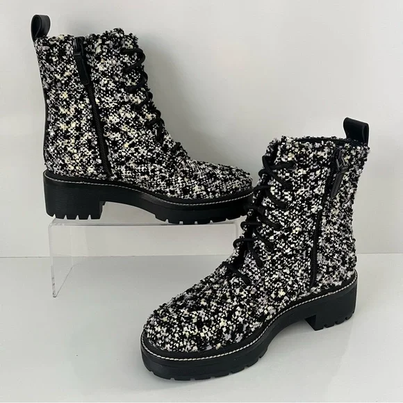 Tory Burch 50mm Tweed Lug Sole Combat Boots in Black/Multi - Picture 4 of 13